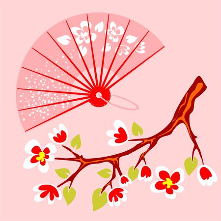 Pink fan and blossoming branch on a pink background.のイラスト素材