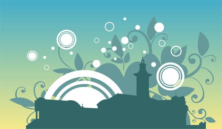 Dark silhouettes of building on a background of circles and a flower pattern.のイラスト素材