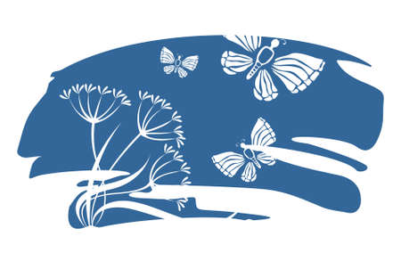 White silhouettes of flowers and butterflies on a background of a dark blue spot.のイラスト素材