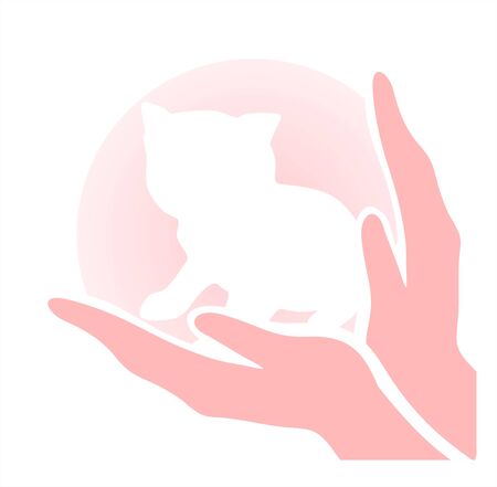 Kitten in caring hands. A symbol of protection of children and animals.のイラスト素材