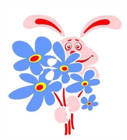 Pink enamored rabbit with a bouquet of dark blue flowers.のイラスト素材