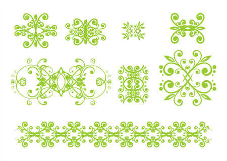 Green symmetric patterns from curls on a white background.のイラスト素材