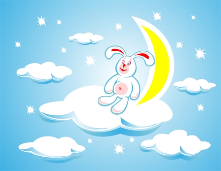 The white rabbit sitting on a cloud on a background of the moon and stars.のイラスト素材