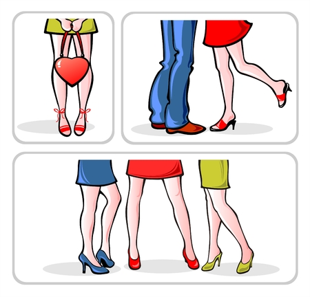 Three groups of people in different situations: the lonely girl, enamored pair also three girlfriends.のイラスト素材