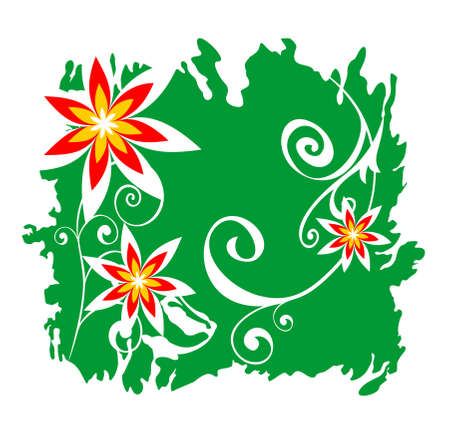 Red ornate flowers on a  green grunge background. Digital illustration.のイラスト素材