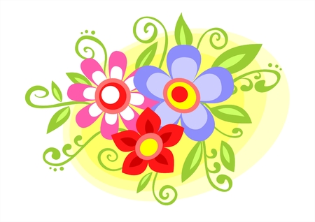 Multi-colored flowers with leaves and curls on a yellow background.のイラスト素材