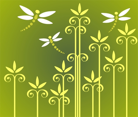 Yellow ornate flowers and three dragonflies on a green background.のイラスト素材