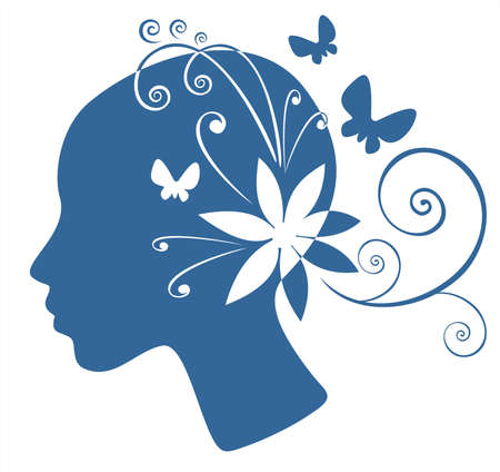 Pretty woman  portrait with  flowers pattern isolated on a  white background.のイラスト素材