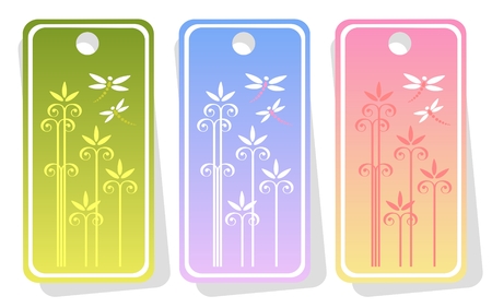 Three ornate price tags with floral pattern and dragonflies isolated on  a white background.のイラスト素材
