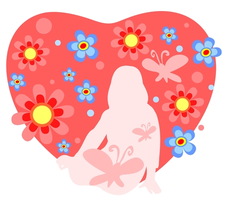 Pink girl silhouette with butterflies and ornate heart with flowers isolated on a white background.のイラスト素材