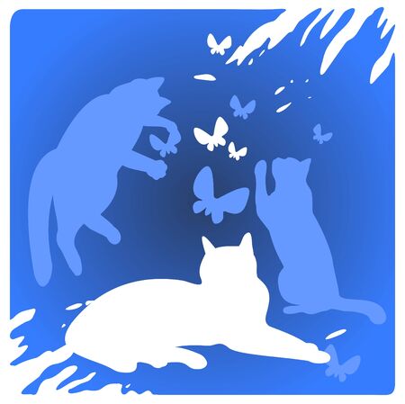 Three cats silhouettes and butterflies on a blue background.のイラスト素材