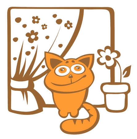 Cartoon happy cat sits on a windowsill.のイラスト素材