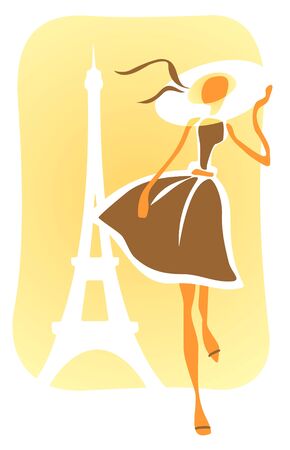 The stylized romantic girl in a hat on a background of Tour d'Eiffel.のイラスト素材