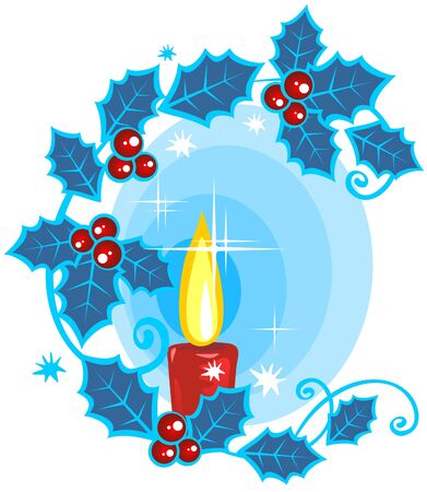 Stylized christmas candle and holly berry on a  blue background.のイラスト素材