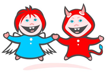 Cartoon cheerful angel and devil isolated on a white background.のイラスト素材