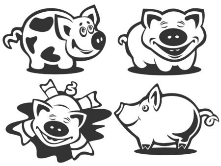 Cartoon happy piggies silhouettes isolated on a white background.のイラスト素材