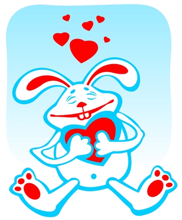 Happy cartoon rabbit with heart on a blue background. Valentines illustration.のイラスト素材