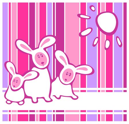 Three cartoon rabbits and sun on a striped background.のイラスト素材