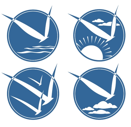 Four bird symbols set on a blue background.のイラスト素材