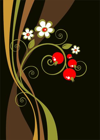 Stylized pattern with flowers and berries on a striped background.のイラスト素材