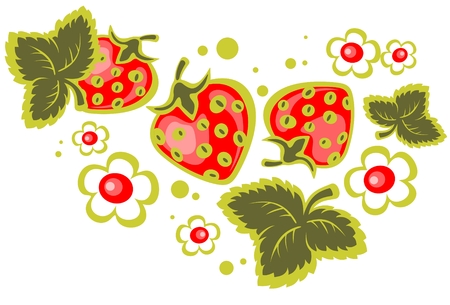 Cartoon strawberry and flowers isolated  on a white background.のイラスト素材