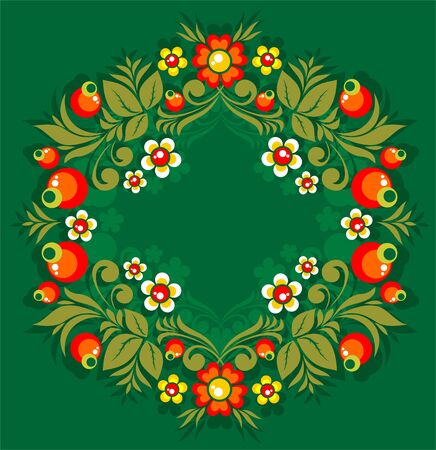 Stylized pattern with flowers and berries on a green background.のイラスト素材