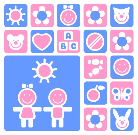 Stylized children and icons set isolated on a white background.のイラスト素材