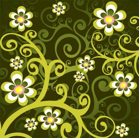 Stylized pattern with curves and flowers on a green background.のイラスト素材