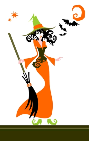 Pretty witch and bats on a white background. Halloween illustration.のイラスト素材
