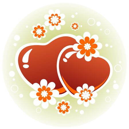 Two hearts with flowers on a green background.のイラスト素材