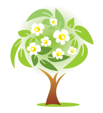 Stylized spring apple tree on a  green background のイラスト素材