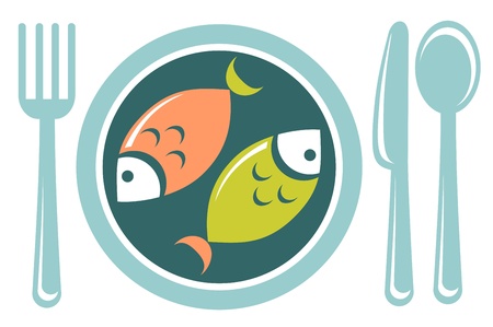 Stylized fried fish and tableware isolated on a white background.のイラスト素材
