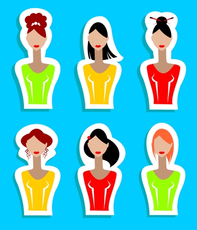 Six stylized women silhouettes isolated on a blue background.のイラスト素材