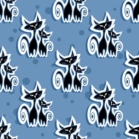Stylized seamless pattern with two black cats silhouette.のイラスト素材