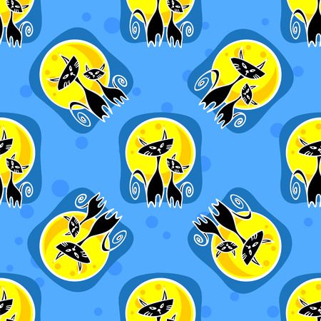 Stylized seamless pattern with two cats and moon silhouettes.のイラスト素材