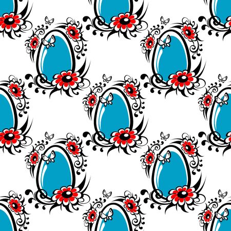 Stylized blue Easter eggs with flowers. Seamless pattern.のイラスト素材