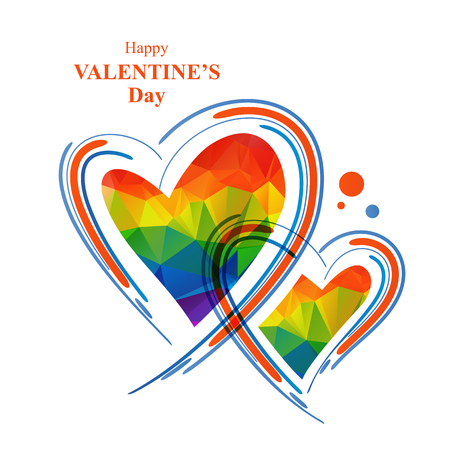 Two abstract rainbow hearts with lettering on a white background.のイラスト素材