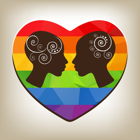 Two girl heads with polygonal heart on a gray background.のイラスト素材