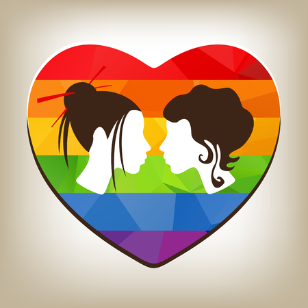 Two stylized girl heads with polygonal heart on a gray background.のイラスト素材