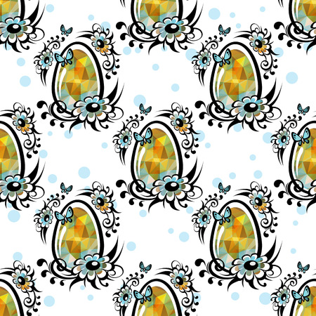 Polygonal Easter eggs with flowers and butterflies. Seamless background.のイラスト素材