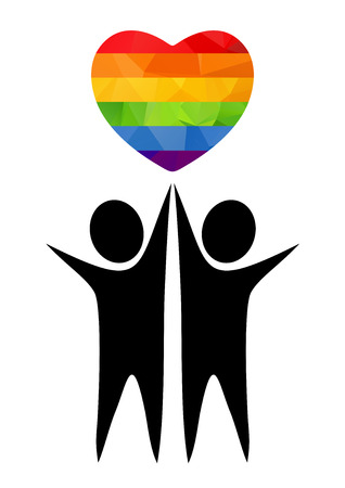 Two boy silhouettes with rainbow heart. Gay couple symbol.のイラスト素材