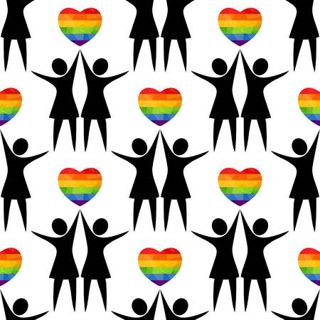 Lesbian couple with heart silhouettes. Seamless pattern.のイラスト素材