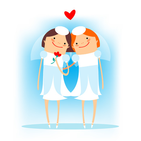 Woman gay couple on a blue background. Gay wedding.のイラスト素材