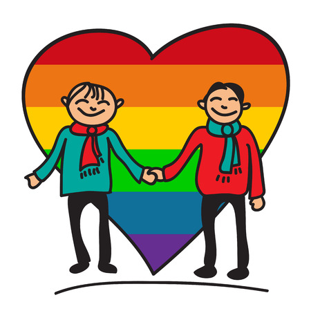 Boys couple with big rainbow heart on a white background.のイラスト素材