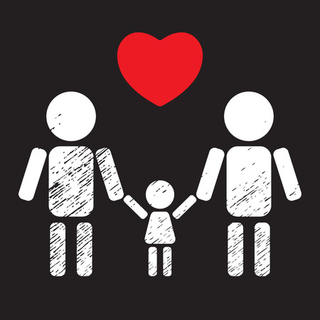 Gay couple with kid isolated on black background. LGBT family symbol. Gay family with child. Design element for flyers or banners.のイラスト素材
