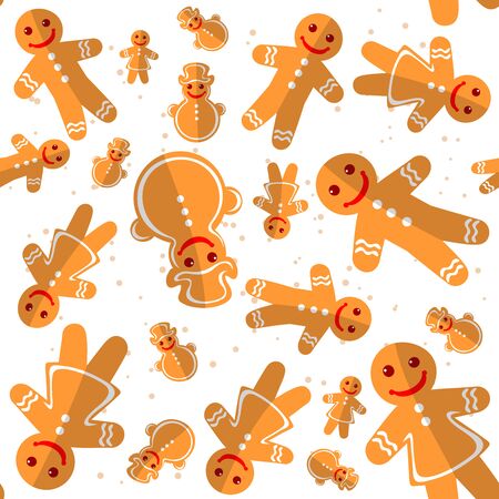 Cartoon gingerbread cookies isolated on white background. Christmas characters. Seamless pattern. Background for textile or banners.のイラスト素材