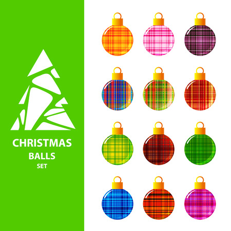 Colorful Christmas balls isolated on white background. White Christmas tree silhouette. Design elements for greeting cards or flyers.のイラスト素材