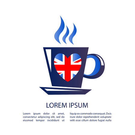 I love London, text with symbol. Tea cup isolated on white background. English tea drinking symbol. Heart with Union Jack flag. Design element for stickers or flyers.のイラスト素材