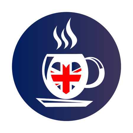 I love London, text with symbol. Tea cup isolated on white background. English tea drinking symbol. Heart with Union Jack flag. Design element for stickers or flyers.のイラスト素材