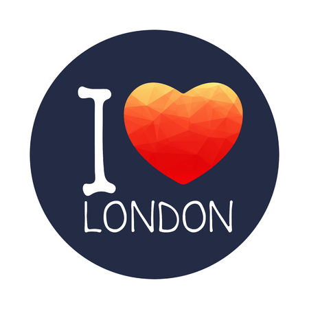I love London, hand drawn text with red heart isolated on blue background. Design element for stickers or tags.のイラスト素材